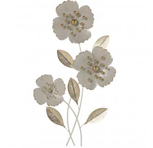 DECORACION PARED METAL FLORES VERTICAL BLANCO ORO