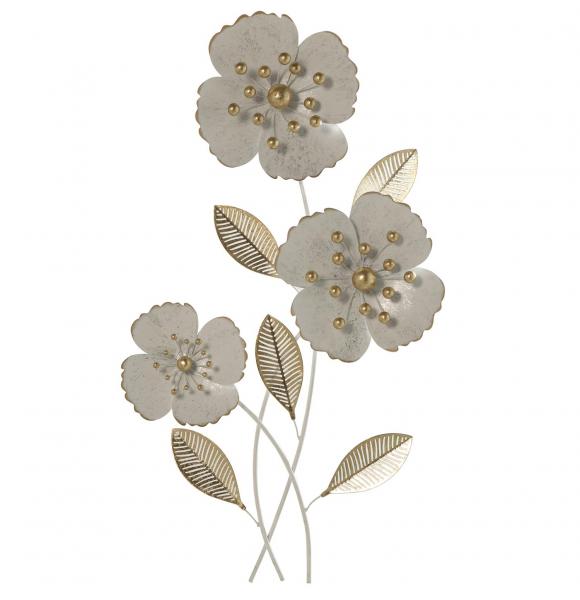 DECORACION PARED METAL FLORES VERTICAL BLANCO ORO